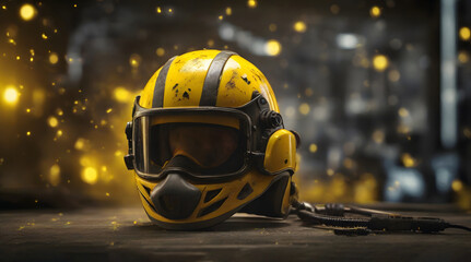 Yellow safety Helmet, bokeh light background