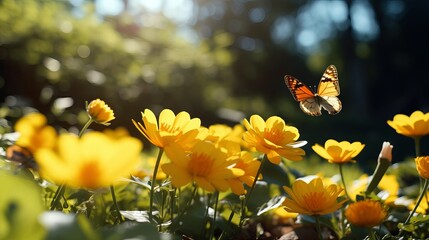 A big butterfly is perched on beautiful yellow flower anemones during a fresh spring morning on the nature trail.
