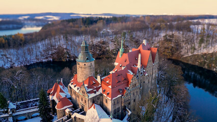 Aerial view of the beautiful Czocha Castle, located in Sucha in Lower Silesia, Poland. The shots were recorded in winter.