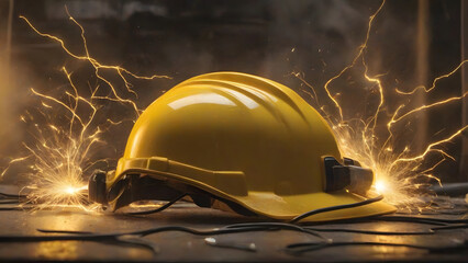Yellow safety helmet, electricity sparks