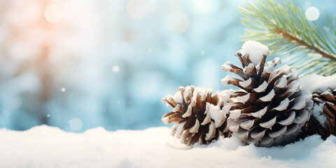 Fototapeta na wymiar pinecones on snow surface against blurred snowy background