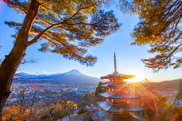 Wonderful Chureito Pagoda with fantastic view on mount Fuji. Impressive and magnificent view sunset...