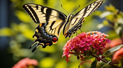 A lovely papilio machaon butterfly collecting nectar from the flower - obrazy, fototapety, plakaty