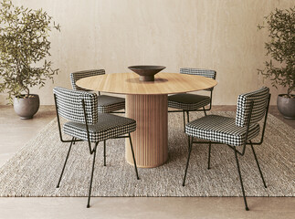 Natural harmony in dining. A wooden round table with houndstooth chairs, accented by potted olive trees in a 3d render of a tranquil dining space