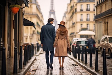 Couple walking in Paris. Happy couple going on vacation together, walking down the streets of Paris. - obrazy, fototapety, plakaty