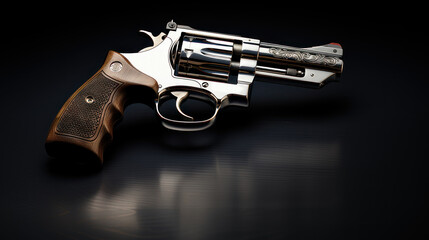 Revolver on a black reflective background. Classic weapon gun.