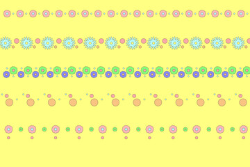 Pastel patterns collection with flowers and confetti on a yellow background.