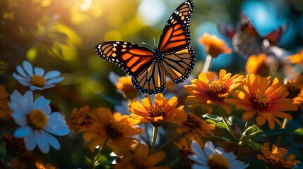 Butterflies and flowers are both present