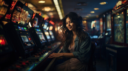 Beautiful asian woman playing slot machine in the casino. - obrazy, fototapety, plakaty