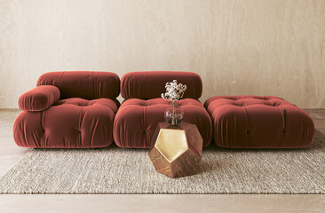 Velvety allure in modern decor. A set of maroon puffy sofas and a golden hexagonal side table, captured in a 3d render with a textured backdrop