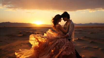 Bride and groom in the desert at sunset. Romantic couple in love.