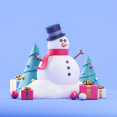 Cartoon christmas snowman in hat and red scarf with gifts and fir tree on blue background. Concept of happy new year and xmas. 3d rendering