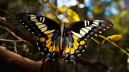 On a blurry background is the beautiful multicolored butterfly known as the old world swallowtail.