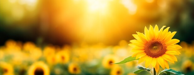 Sunflower in sunny spring or summer day. Horizontal background, copy space for text, banner or wallpaper - obrazy, fototapety, plakaty