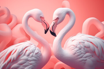 Abstract nature, birds, Valentines and lovers day concept illustration. Two pink flamingo birds making heart shape with their necks and standing in front of each other.