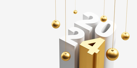 Golden and white number 2024 near christmas balls isolated on a white background. Mock up. Concept of new year and merry xmas. 3d rendering