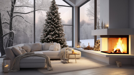 Modern cozy interior with big windows fireplace and christmas decorations Snowy Landscape with trees and hills Festive AI Generated