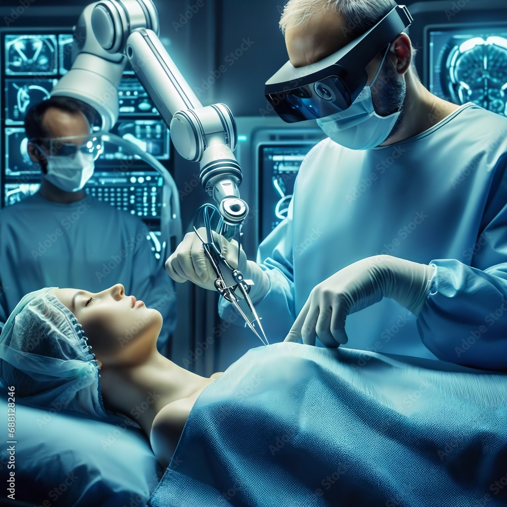 Poster surgeon using high-precision remote controlled robot arms to operate on patient. surgery robot in op