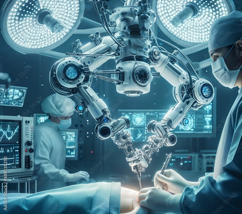 Poster surgeon using high-precision remote controlled robot arms to operate on patient. surgery robot in op