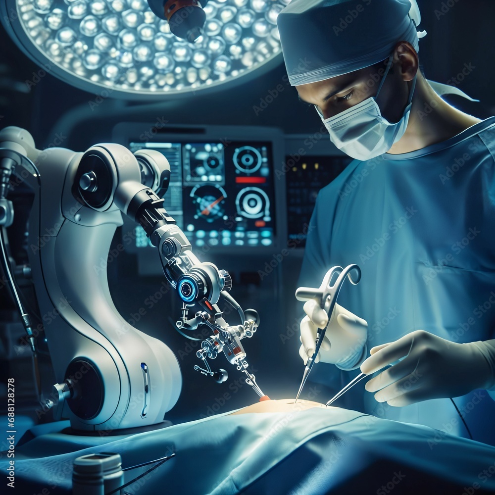 Poster surgeon using high-precision remote controlled robot arms to operate on patient. surgery robot in op