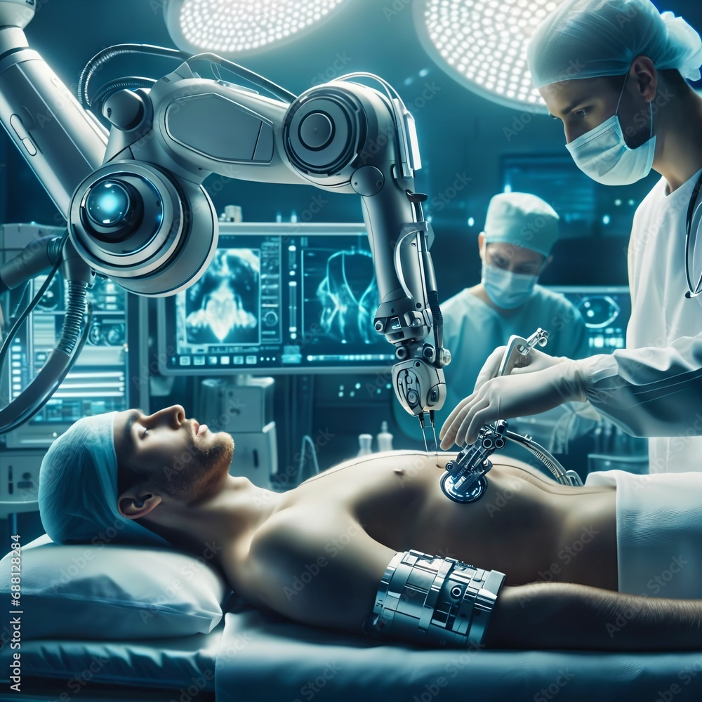 Poster surgeon using high-precision remote controlled robot arms to operate on patient. surgery robot in op
