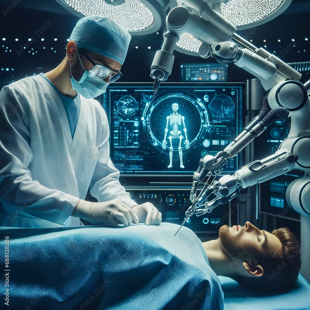 Poster surgeon using high-precision remote controlled robot arms to operate on patient. surgery robot in op