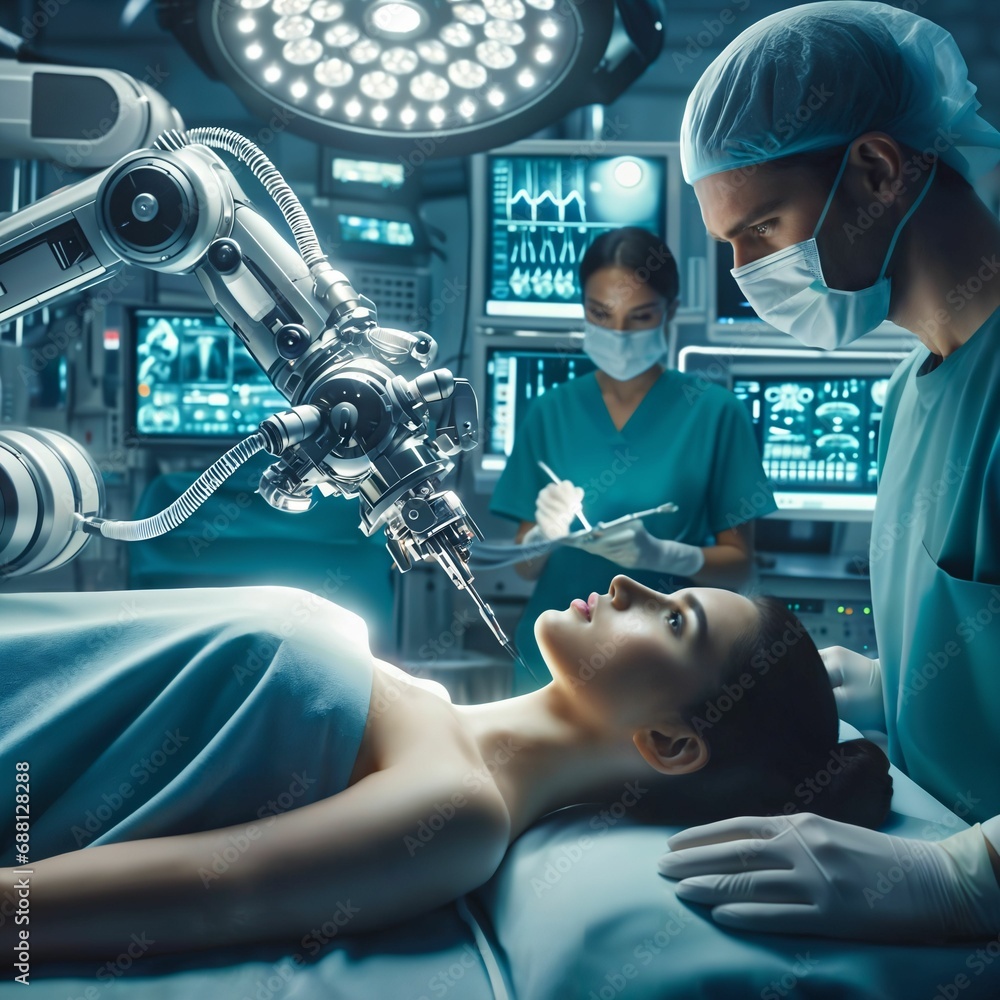 Poster surgeon using high-precision remote controlled robot arms to operate on patient. surgery robot in op