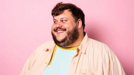 Happy, plus-size man in pastel clothes poses against a light beige-pink studio backdrop.