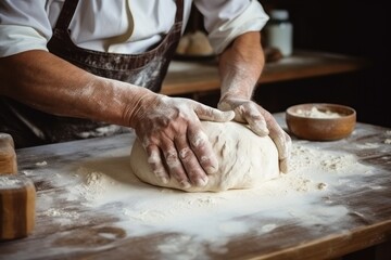 Close-up view of a male hands kneading dough on a board sprinkled with flour.