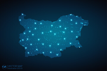Bulgaria map radial dotted pattern in futuristic style, design blue circle glowing outline made of stars. concept of communication on dark blue background. Vector illustration EPS10