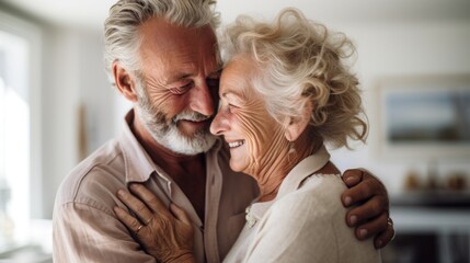 A happy Caucasian couple shares a warm embrace.