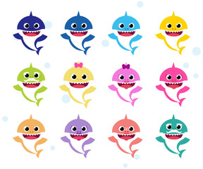 Set cartoon shark family collection vector. Baby shark family vector set. Baby shark icon.