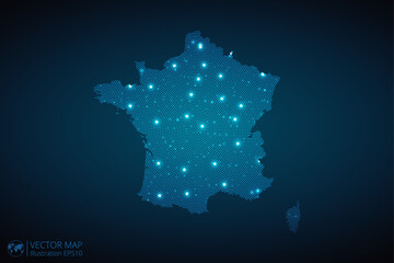 France map radial dotted pattern in futuristic style, design blue circle glowing outline made of stars. concept of communication on dark blue background. Vector illustration EPS10