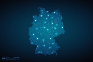 Germany map radial dotted pattern in futuristic style, design blue circle glowing outline made of stars. concept of communication on dark blue background. Vector illustration EPS10