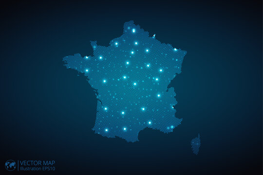 France map radial dotted pattern in futuristic style, design blue circle glowing outline made of stars. concept of communication on dark blue background. Vector illustration EPS10