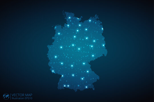 Germany map radial dotted pattern in futuristic style, design blue circle glowing outline made of stars. concept of communication on dark blue background. Vector illustration EPS10