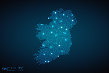 Ireland map radial dotted pattern in futuristic style, design blue circle glowing outline made of stars. concept of communication on dark blue background. Vector illustration EPS10