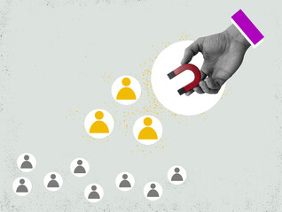 Customer acquisition concept. Collage with magnet and figures.
