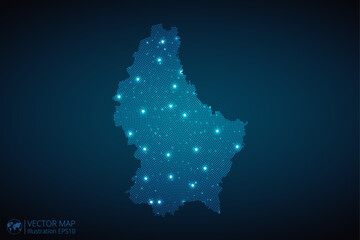 Luxembourg map radial dotted pattern in futuristic style, design blue circle glowing outline made of stars. concept of communication on dark blue background. Vector illustration EPS10