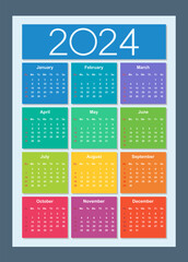 Colorful calendar for 2024 year. Week starts on Sunday. Vertical. Isolated vector illustration.