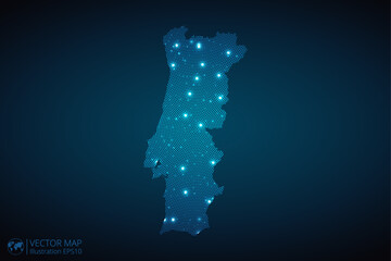 Portugal map radial dotted pattern in futuristic style, design blue circle glowing outline made of stars. concept of communication on dark blue background. Vector illustration EPS10