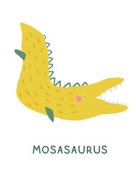 Jurassic period mosasaurus dinosaur flashcard. Learning English words for kids. Cute hand drawn doodle educational card with underwater dino. Preschool learning material. Funny extinct animal card for