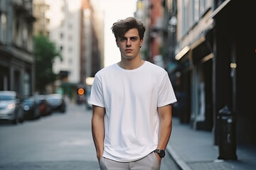 a model in white T shirt with street background