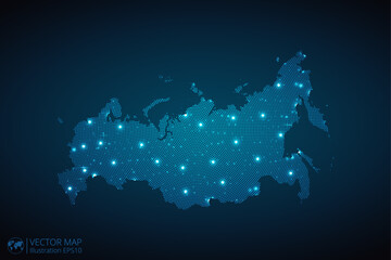 Russia map radial dotted pattern in futuristic style, design blue circle glowing outline made of stars. concept of communication on dark blue background. Vector illustration EPS10