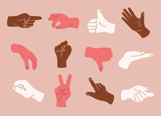 Set of colours hands gestures symbols in a trendy flat style. Communication emoji. Vector hand drawn doodle icons isolated.
