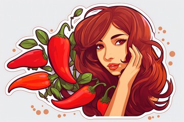 Girl with red peppers, manga style vector illustration, sticker