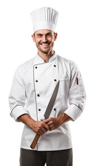 Happy chef in a cap and uniform holding knife on a white background isolated white background