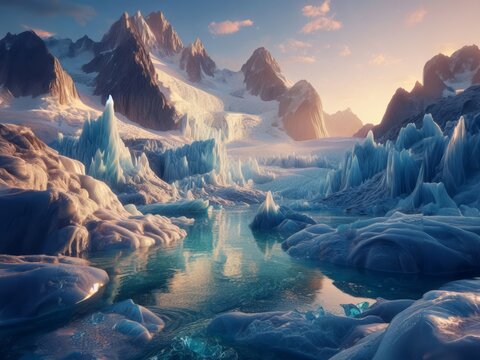 Pristine alpine setting rendered in exquisite detail, towering ice sculpted by nature and lit in rich sun-dappled hues as daylight surrenders to twilight amongst the cascading mists Generated Image