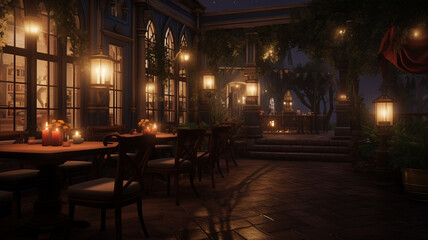 3 d rendering of an autumn night scene with a cafe in the evening.