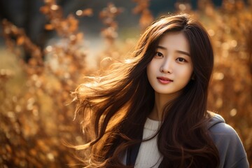 a beautiful and cute asian woman with long hair, radiating a delightful charm